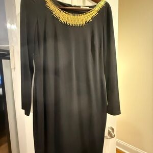Calvin Klein Black Long-Sleeve Dress with Gold Beaded Collar